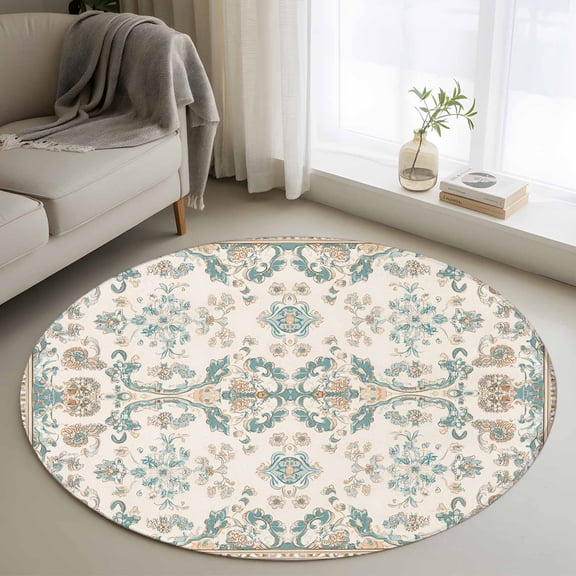 Round Area Rug 4ft, Retro Bohemia Tribal Flower Border Non-Slip Non-Shedding Floor Mat, Western Farmhouse Washable Sturdy Carpet for Living Room Bedroom Home Decor