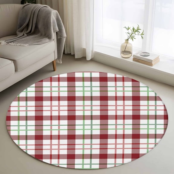 Round Area Rug 4ft,Retro Christmas Red Green Tartan Plaid Washable Carpet Non-Slip Runner Accent Rugs Indoor Floor Mat for Bedroom Living Room Decor,Retro Farm Lattice