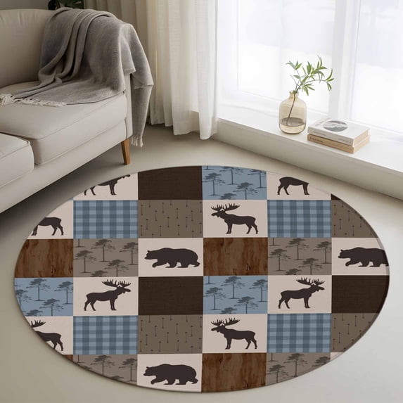 Round Area Rug 4ft,Retro Deer Bear Plaid Check Washable Carpet Non-Slip Runner Accent Rugs Indoor Floor Mat for Bedroom Living Room Decor,Abstract Patchwork Pattern
