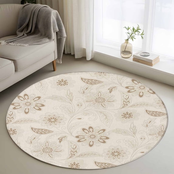 Round Area Rug 4ft,Retro Light Brown Paisley Pattern Washable Carpet Non-Slip Runner Accent Rugs Indoor Floor Mat for Bedroom Living Room Decor,Ethnic Tribal Flower Leaf