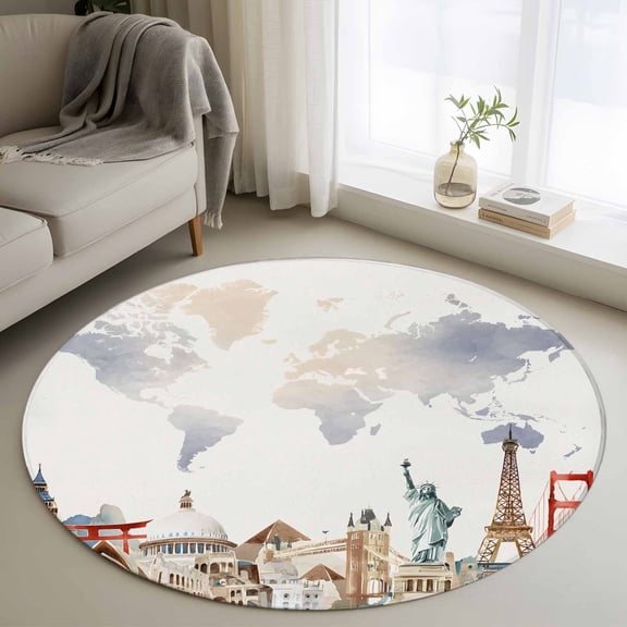 Round Area Rug 4ft, Retro Maps of The World Tourism Non-Shedding Washable Area Rug, Abstract Graffiti Texture Non Slip Low-Profile Circle Rugs for Living Room, Bedroom Dining Room