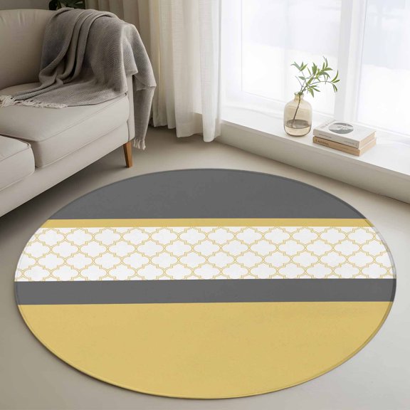 Round Area Rug 4ft Retro Morocco Geometric Pattern Area Rugs Washable Low Pile Floor Carpet for Bedroom, Yellow Grey Stripes Non Slip Soft Rugs for Living Room Entryway Dining Room