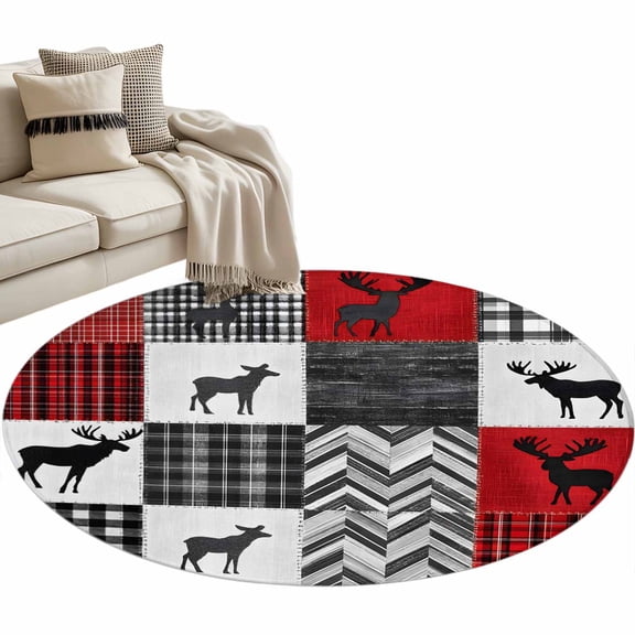 Round Area Rug 4ft, Retro Reindeer Silhouette Non-Slip Non-Shedding Floor Mat, Buffalo Wood Plank Stitching Art Washable Sturdy Carpet for Living Room Bedroom Home Decor