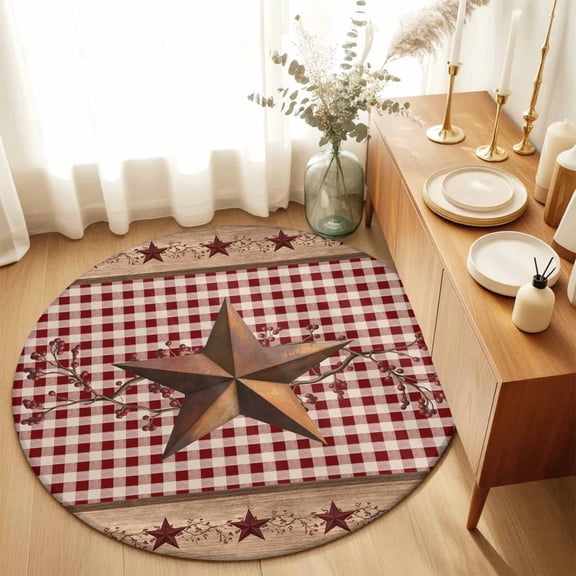 Round Area Rug 4ft,Retro Texas Country Star Berry Living Room Rug Non-Slip Washable Circle Rugs Pad,Red Buffalo Plaid Wood Plank Soft Floor Carpet for Bedroom Dining Room