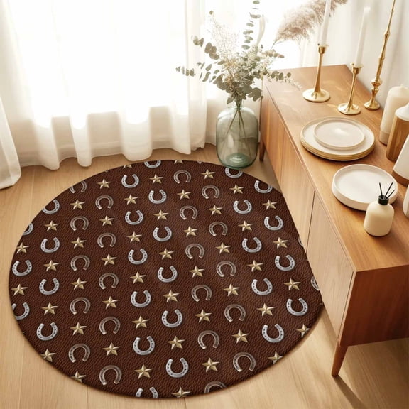 Round Area Rug 4ft,Retro Western Horse-footed Iron on Brown Living Room Rug Non-Slip Washable Circle Rugs Pad,Yellow Star Soft Floor Carpet for Bedroom Dining Room