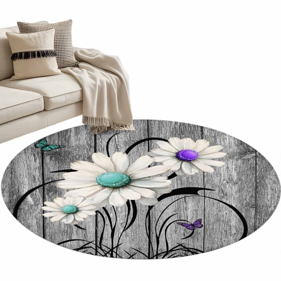 Round Area Rug 4ft Rustic Daisy Floor Carpets Indoor Floor Area Mat Stain-Proof Mat Circle Rugs for Living Room Dining Room Kitchen Bedroom, Teal Sunflower Grey Wood Grain Sofa Throw Carpet