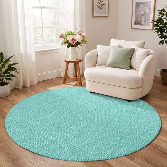 Round Area Rug 4ft Rustic Linen Texture Low Pile Washable Rug Soft ...