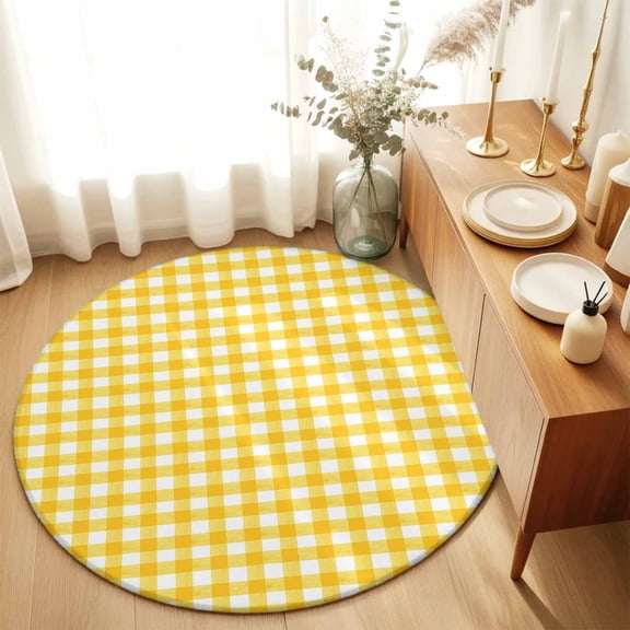 Round Area Rug 4ft,Rustic Minimalist Buffalo Plaid Living Room Rug Non-Slip Washable Circle Rugs Pad,Farmhouse Yellow Gingham Soft Floor Carpet for Bedroom Dining Room
