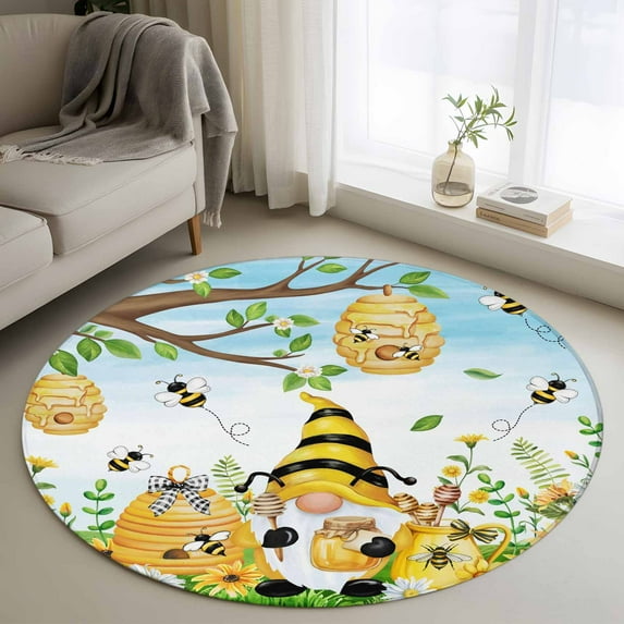 Round Area Rug 4ft,Rustic Pastoral Dwarf Bee Washable Carpet Non-Slip Runner Accent Rugs Indoor Floor Mat for Bedroom Living Room Decor,Colorful Flower Green Leaf Blue Ombre
