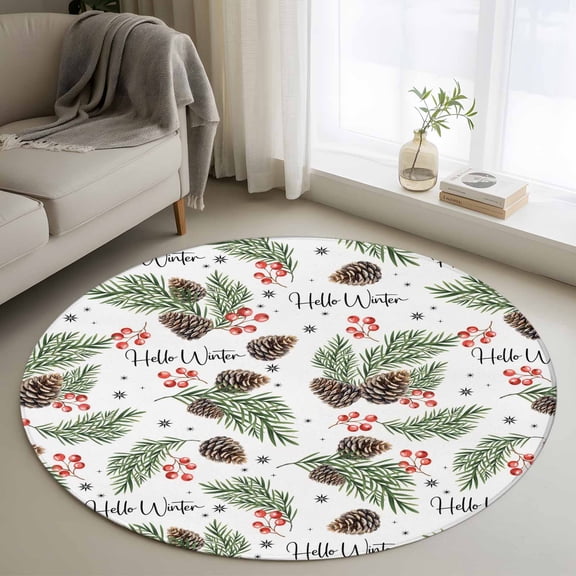 Round Area Rug 4ft, Rustic Pinecone Berry Leaf Non-Shedding Washable Area Rug, Seamless Watercolor Winter Plant Non Slip Low-Profile Circle Rugs for Living Room, Bedroom Dining Room