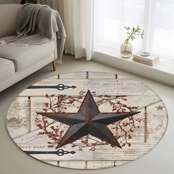 Round Area Rug 4ft Rusty Barn Star Doors Floor Carpets Indoor Floor Area Mat Stain-Proof Mat Circle Rugs for Living Room Dining Room Kitchen Bedroom, Berry Retro Rustic Walls Sofa Throw Carpet