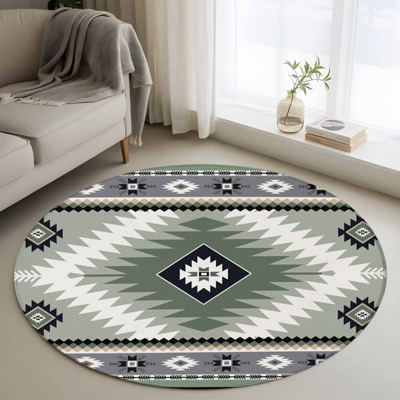 Round Area Rug 4ft,Sage Green Aztec Bohemian Ethnic Washable Carpet Non-Slip Runner Accent Rugs Indoor Floor Mat for Bedroom Living Room Decor,Abstract Geometric