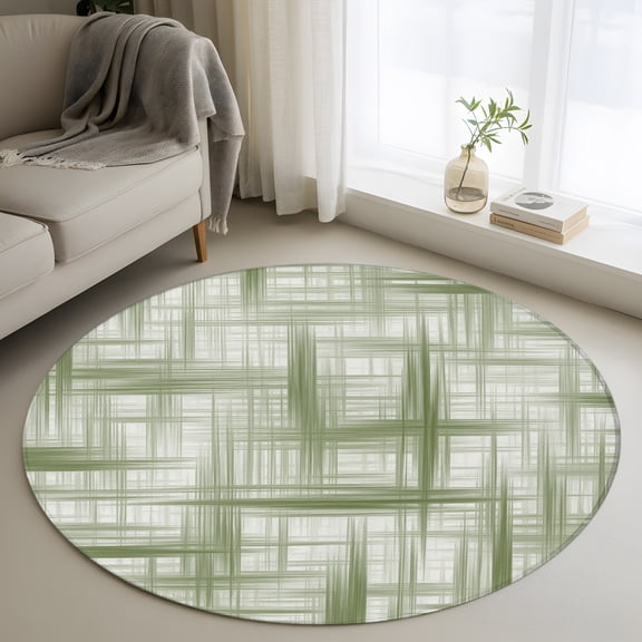 Round Area Rug 4ft Sage Green Lines Abstract Geometric Area Rugs Washable Low Pile Floor Carpet for Bedroom, Natural Plant Theme Non Slip Soft Rugs for Living Room Entryway Dining Room