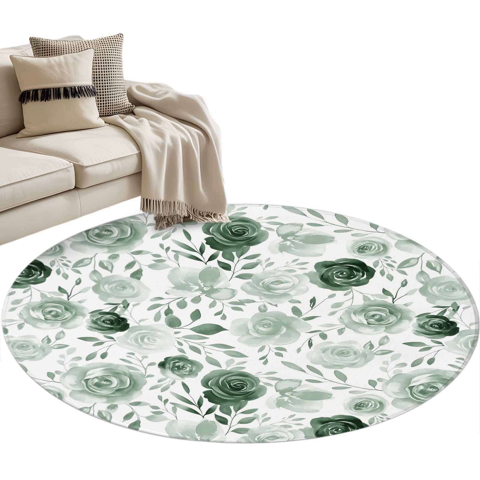 Green Roses Rug Round Area Rug 4ft Sage Green Rose Floor Carpets Indoor Floor Area Mat ...
