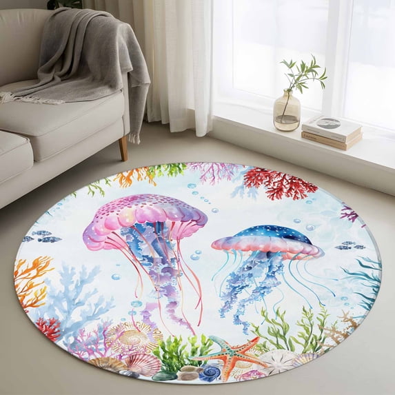 Round Area Rug 4ft,Sea Jellyfish Colorful Coral Washable Carpet Non-Slip Runner Accent Rugs Indoor Floor Mat for Bedroom Living Room Decor,Ocean Shell Starfish