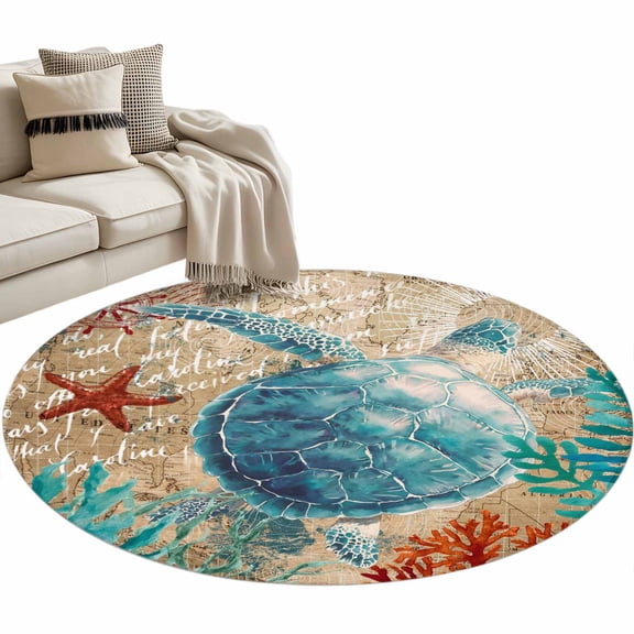 Round Area Rug 4ft Sea Turtle Floor Carpets Indoor Floor Area Mat Stain-Proof Mat Circle Rugs for Living Room Dining Room Kitchen Bedroom, Nautical Anchor Coral Vintage Marine Life Sofa Throw Carpet