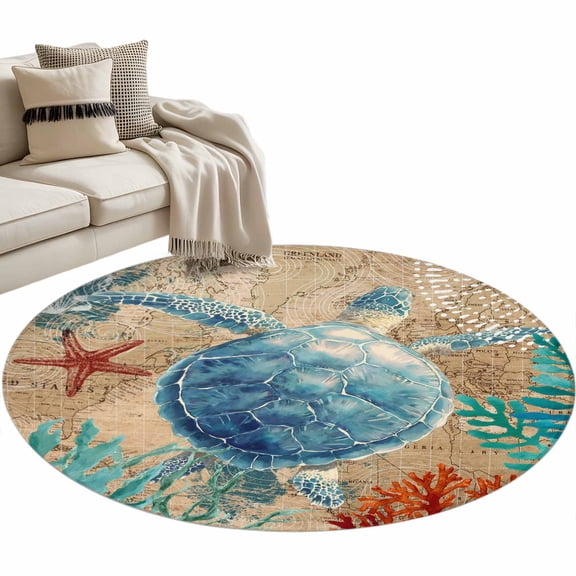 Round Area Rug 4ft Sea Turtle Floor Carpets Indoor Floor Area Mat Stain-Proof Mat Circle Rugs for Living Room Dining Room Kitchen Bedroom, Nautical Anchor Coral Ocean Marine Life Sofa Throw Carpet