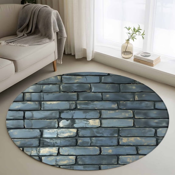 Round Area Rug 4ft, Shabby Rustic Old Brick Wall Non-Slip Non-Shedding Floor Mat, Vintage Brick Washable Sturdy Carpet for Living Room Bedroom Home Decor