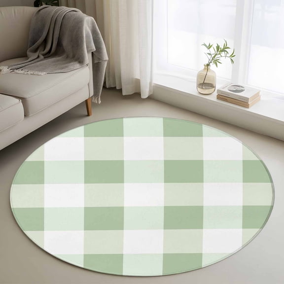 Round Area Rug 4ft, Simple White Green Buffalo Plaid Non-Slip Non-Shedding Floor Mat, Spring Checker Gingham Washable Sturdy Carpet for Living Room Bedroom Home Decor