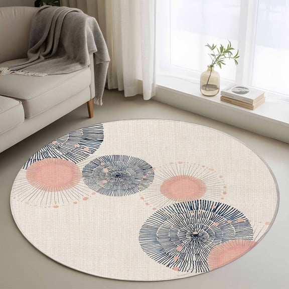 Round Area Rug 4ft, Soft Blush Circles Non-Slip Non-Shedding Floor Mat, Retro Delicate Line on Linen Washable Sturdy Carpet for Living Room Bedroom Home Decor