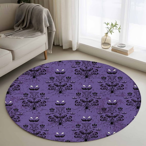 Round Area Rug 4ft, Spooky Halloween Haunted Ghost Cobweb Non-Slip Non-Shedding Floor Mat, Black Purple Washable Sturdy Carpet for Living Room Bedroom Home Decor