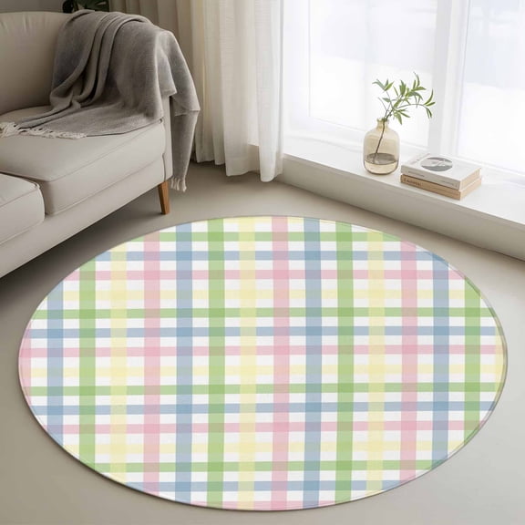 Round Area Rug 4ft, Spring Easter Buffalo Plaid Stripe Non-Slip Non-Shedding Floor Mat, Colorful Lattice Checker Washable Sturdy Carpet for Living Room Bedroom Home Decor