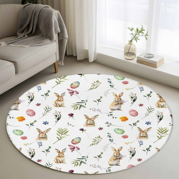 Round Area Rug 4ft, Spring Easter Bunny Eggs Green Leaves Non-Shedding Washable Area Rug, Floral Plant on White Non Slip Low-Profile Circle Rugs for Living Room, Bedroom Dining Room