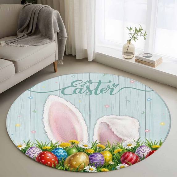 Round Area Rug 4ft, Spring Easter Rabbit Ears Teal Wood Non-Shedding Washable Area Rug, Colorful Eggs Daisy Flower Non Slip Low-Profile Circle Rugs for Living Room, Bedroom Dining Room