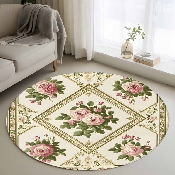 Round Area Rug 4ft, Spring Floral Pink Rose Botanical Non-Slip Non-Shedding Floor Mat, Vintage Diamond Pattern Washable Sturdy Carpet for Living Room Bedroom Home Decor
