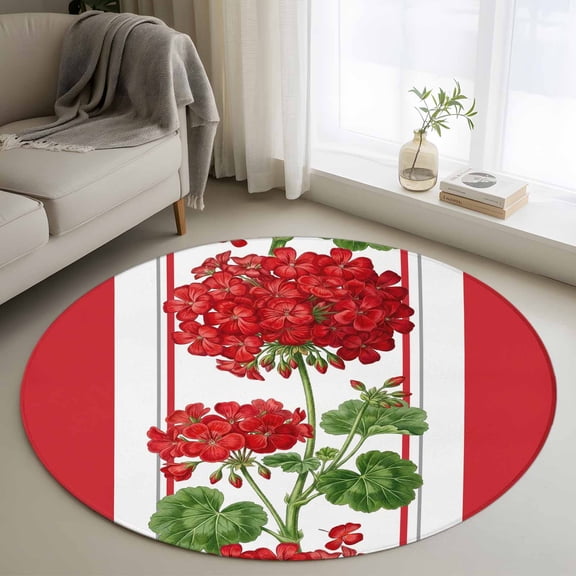 Round Area Rug 4ft, Spring Summer Flowers Geranium Non-Shedding Washable Area Rug, Red Geometric Striped Non Slip Low-Profile Circle Rugs for Living Room, Bedroom Dining Room