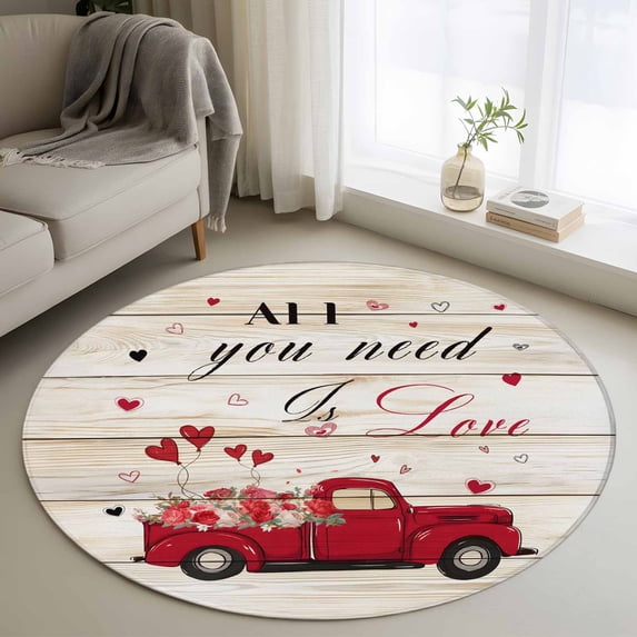 Round Area Rug 4ft, Spring Valentine's Day Red Truck Non-Shedding Washable Area Rug, Farm Vintage Wooden Board Non Slip Low-Profile Circle Rugs for Living Room, Bedroom Dining Room