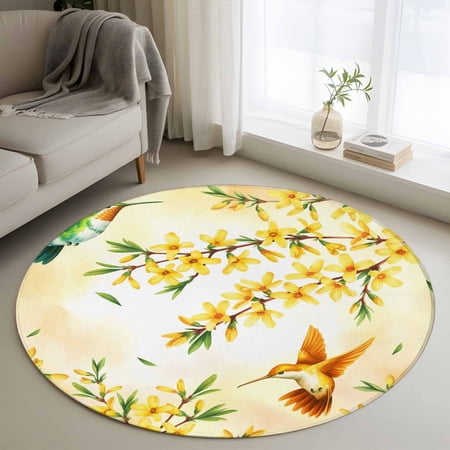 Round Area Rug 4ft, Spring Yellow Flower Hummingbird Non-Slip Non-Shedding Floor Mat, Watercolor Forsythia Floral Washable Sturdy Carpet for Living Room Bedroom Home Decor