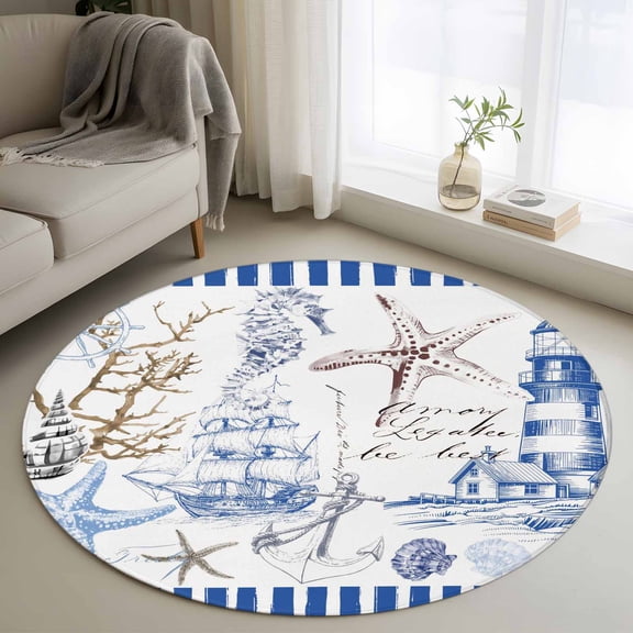 Round Area Rug 4ft, Starfish Nautical Anchor Shell Boat Non-Slip Non-Shedding Floor Mat, Lighthouse Vintage Blue Stripe Washable Sturdy Carpet for Living Room Bedroom Home Decor