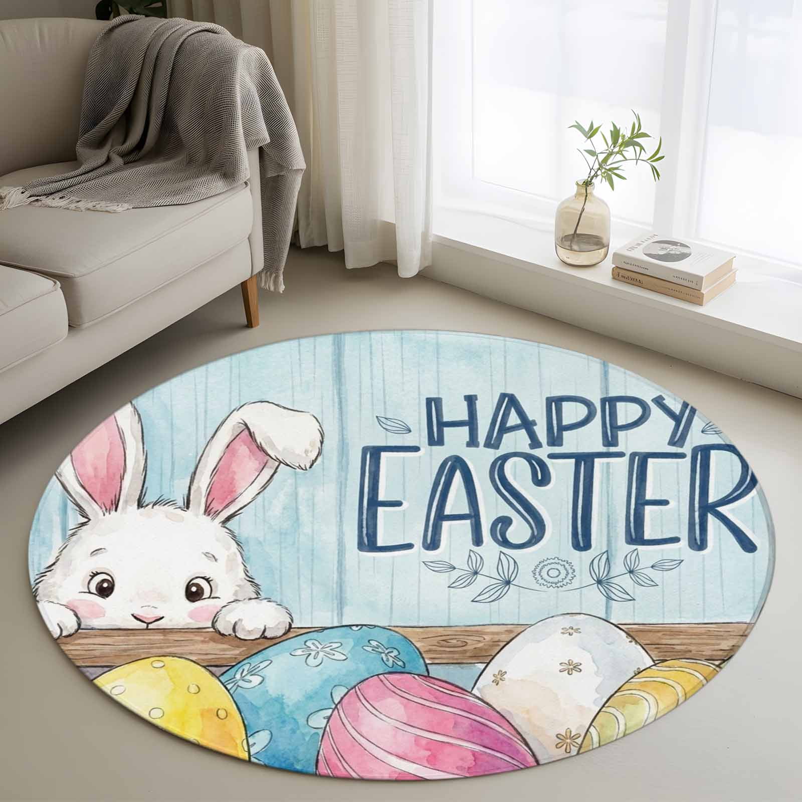 Round Easter Rug Round Area Rug 4ft, Stripe Easter Eggs Cute Rabbits Non-Shedding ...
