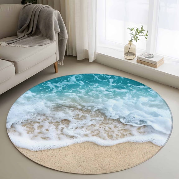 Round Area Rug 4ft, Summer Beach Teal Ocean Wave Non-Slip Non-Shedding Floor Mat, Nautical Seaside Water Ripple Washable Sturdy Carpet for Living Room Bedroom Home Decor