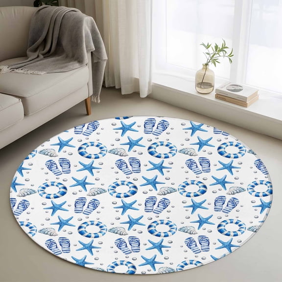 Round Area Rug 4ft, Summer Blue Starfish Swimming Ring Non-Slip Non-Shedding Floor Mat, Coastal Beach Washable Sturdy Carpet for Living Room Bedroom Home Decor