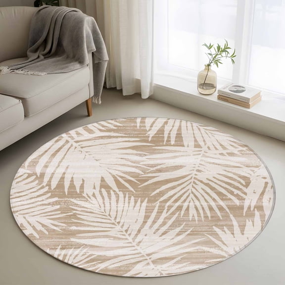 Round Area Rug 4ft, Summer Brown Palm Leaf Non-Shedding Washable Area Rug, Retro Boho Tropical Leaves Non Slip Low-Profile Circle Rugs for Living Room, Bedroom Dining Room