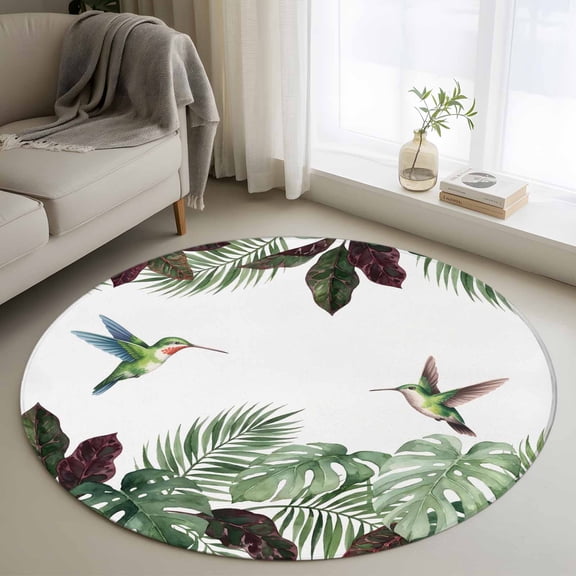 Round Area Rug 4ft, Summer Hummingbird Green Leaf Non-Slip Non-Shedding Floor Mat, Tropical Bird Monstera Palm Leaves Washable Sturdy Carpet for Living Room Bedroom Home Decor