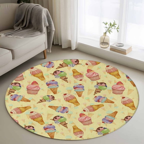 Round Area Rug 4ft, Summer Ice-cream Seamless Cake Non-Slip Non-Shedding Floor Mat, Cherries Sweet Dessert Washable Sturdy Carpet for Living Room Bedroom Home Decor