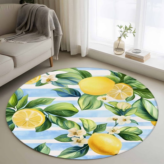 Round Area Rug 4ft,Summer Lemon Green Leaves Flower Washable Carpet Non-Slip Runner Accent Rugs Indoor Floor Mat for Bedroom Living Room Decor,Watercolor Blue Stripe