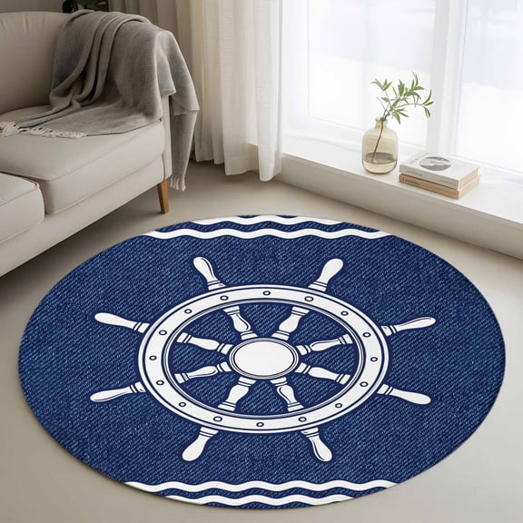 Round Area Rug 4ft Summer Marine Nautical Rudder Denim Area Rugs Washable Low Pile Floor Carpet for Bedroom, Ocean Theme Helm Navy Blue Non Slip Soft Rugs for Living Room Entryway Dining Room
