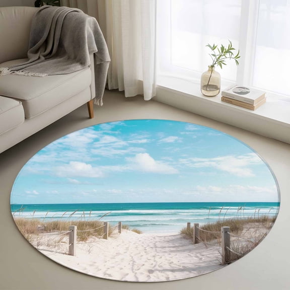 Round Area Rug 4ft, Summer Nautical Beach Sea Blue Sky Non-Slip Non-Shedding Floor Mat, Coastal Seascape Theme Washable Sturdy Carpet for Living Room Bedroom Home Decor