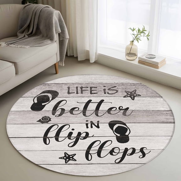 Round Area Rug 4ft, Summer Ocean Theme Texts with Flip Flops Non-Slip Non-Shedding Floor Mat, Wooden Grain Washable Sturdy Carpet for Living Room Bedroom Home Decor