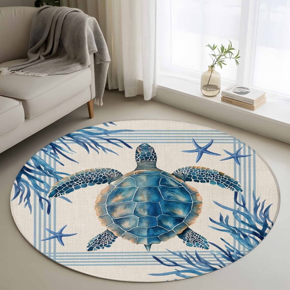 Round Area Rug 4ft,Summer Ocean Turtle Starfish Seaweed Washable Carpet Non-Slip Runner Accent Rugs Indoor Floor Mat for Bedroom Living Room Decor,Blue Marine Life on Linen