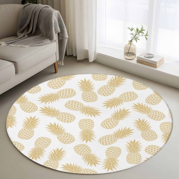 Round Area Rug 4ft, Summer Pineapple Fruit Seamless Non-Slip Non-Shedding Floor Mat, Gold Washable Sturdy Carpet for Living Room Bedroom Home Decor