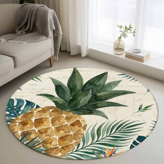 Round Area Rug 4ft Summer Pineapple Palm Leaf Area Rugs Washable Low Pile Floor Carpet for Bedroom, Tropical Leaves Vintage Letter Non Slip Soft Rugs for Living Room Entryway Dining Room