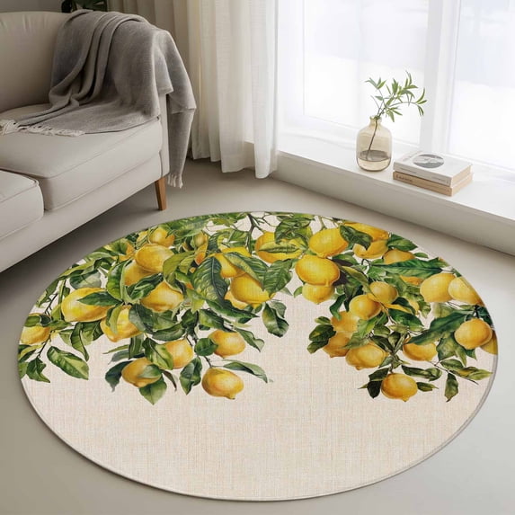 Round Area Rug 4ft, Summer Spring Watercolor Lemon Non-Shedding Washable Area Rug, Fruit Green Leaves on Linen Non Slip Low-Profile Circle Rugs for Living Room, Bedroom Dining Room