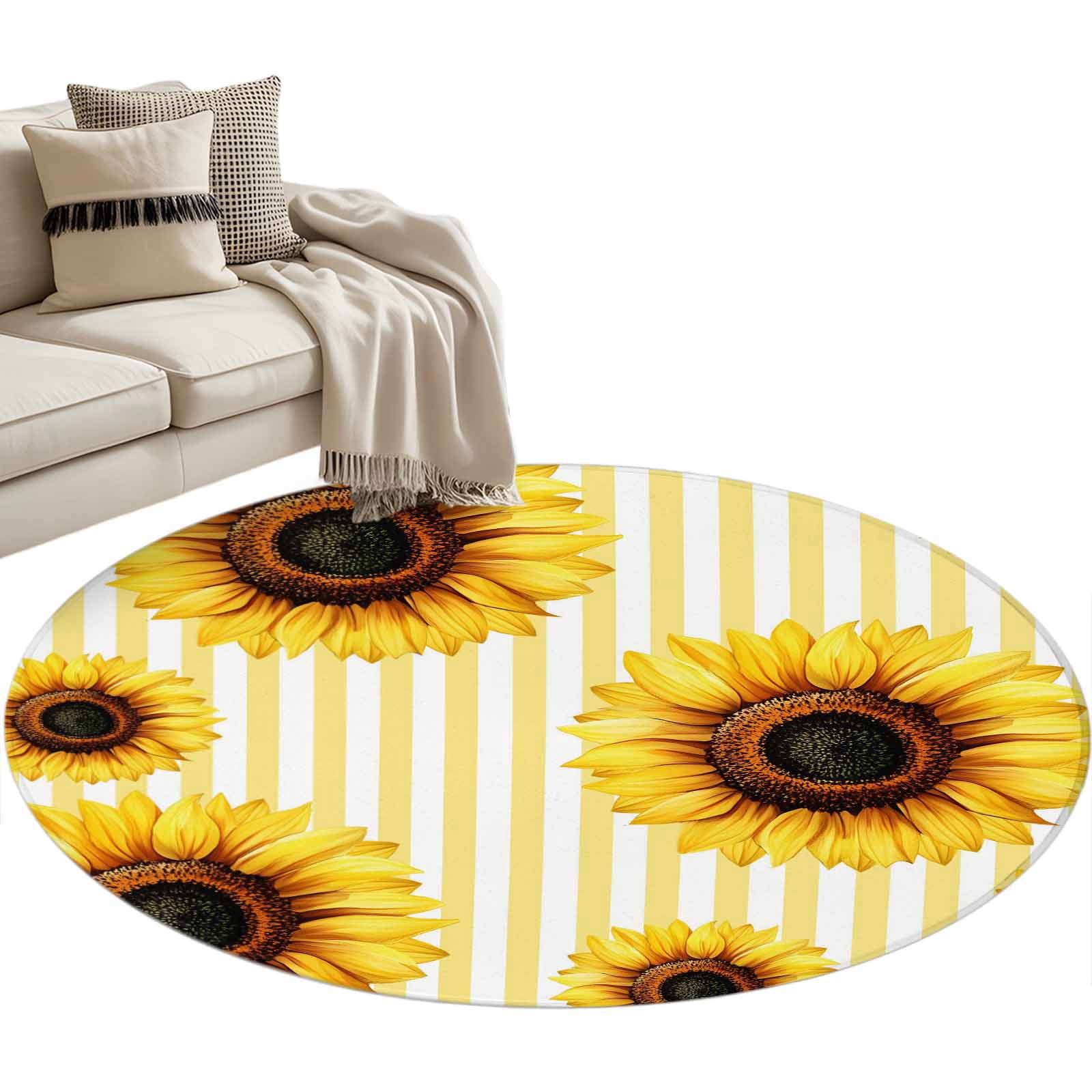 Yellow Circe Rug Round Area Rug 4ft Sunflower Yellow Stripes Floor Carpets Indoor Floor ...
