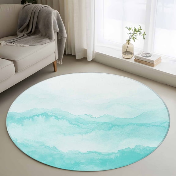 Round Area Rug 4ft, Teal Gradient Ripple Non-Shedding Washable Area Rug, Turquoise Ombre Non Slip Low-Profile Circle Rugs for Living Room, Bedroom Dining Room