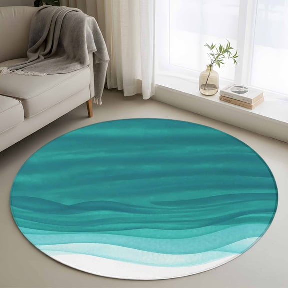 Round Area Rug 4ft, Teal Green Gradient Water Ripples Non-Shedding Washable Area Rug, Abstract Lines Ombre Non Slip Low-Profile Circle Rugs for Living Room, Bedroom Dining Room